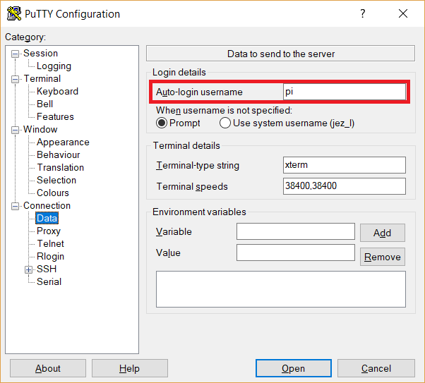 Putty saved session with username